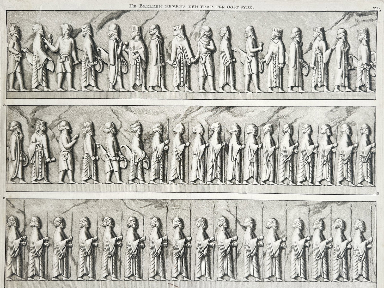 Carsten Niebuhr – Reliefs Next to the Stairs on the East Side of Persepolis – Copper engraving: "De Beelden Nevens den Trap, ter Oost Syde" is an antique Dutch archaeological print displaying a detailed architectural and historical study of the ancient Persian bas-reliefs at Persepolis. The comp