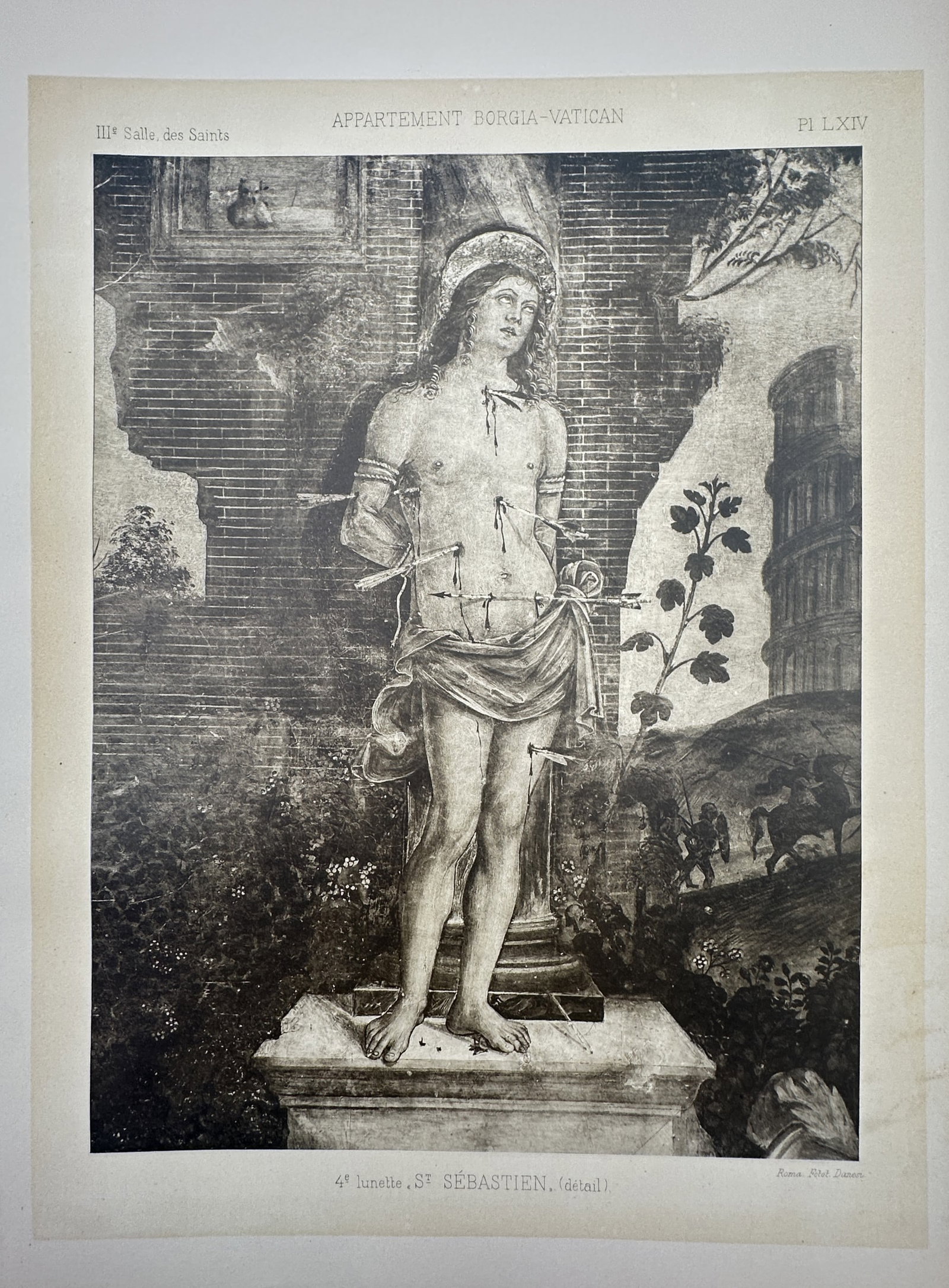Pinturicchio (1454–1513), after – Saint Sebastian – Photogravure (c. 1890s): "Appartement Borgia-Vatican. 4e Lunette. St Sébastien" is an antique French photogravure print displaying a detailed architectural and art historical study of a Renaissance fresco in the Vatican. The