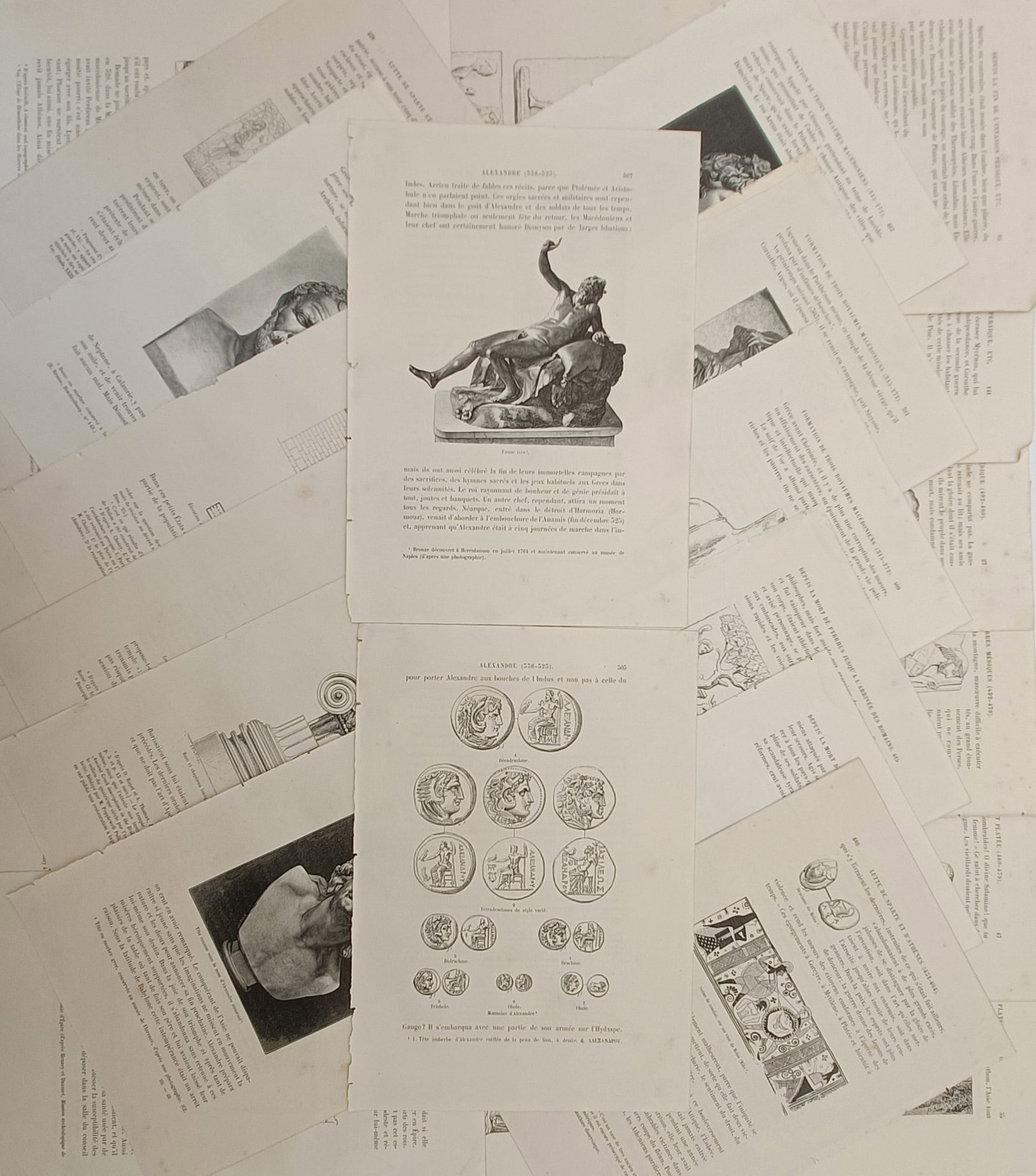Unknown Artist – approx. Set of 20: Studies of Classical Antiquity and Numismatics – Wood: "Alexandre" is a set of approx. twenty antique French academic prints displaying a detailed historical study of classical Greco-Roman art, sculpture, architecture, and ancient coins. The collection il