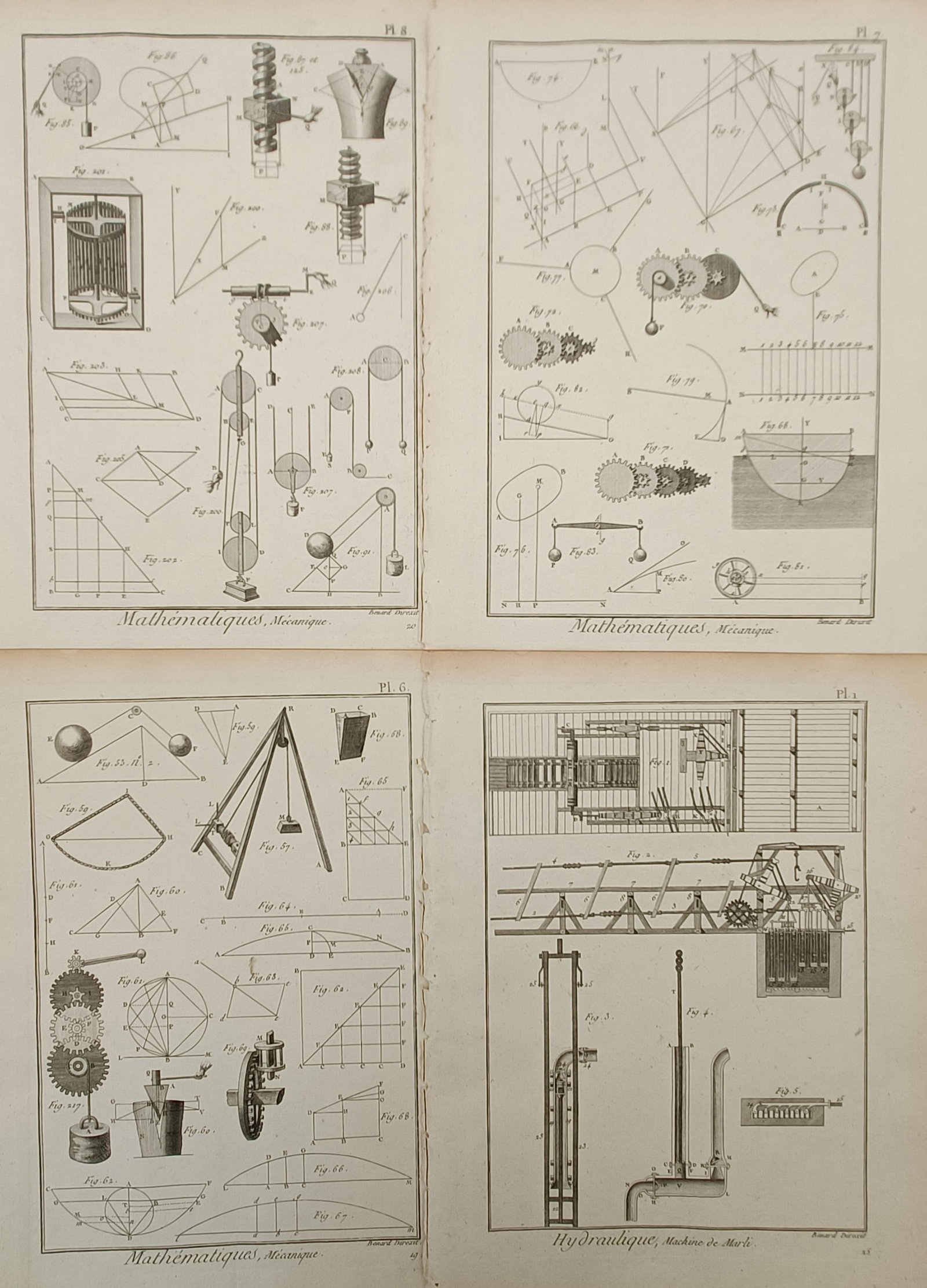 Robert Bénard – Set of 4: Studies of Mechanics, Geometry, and Hydraulics – Engraving (c. 1788) (1 of 2)