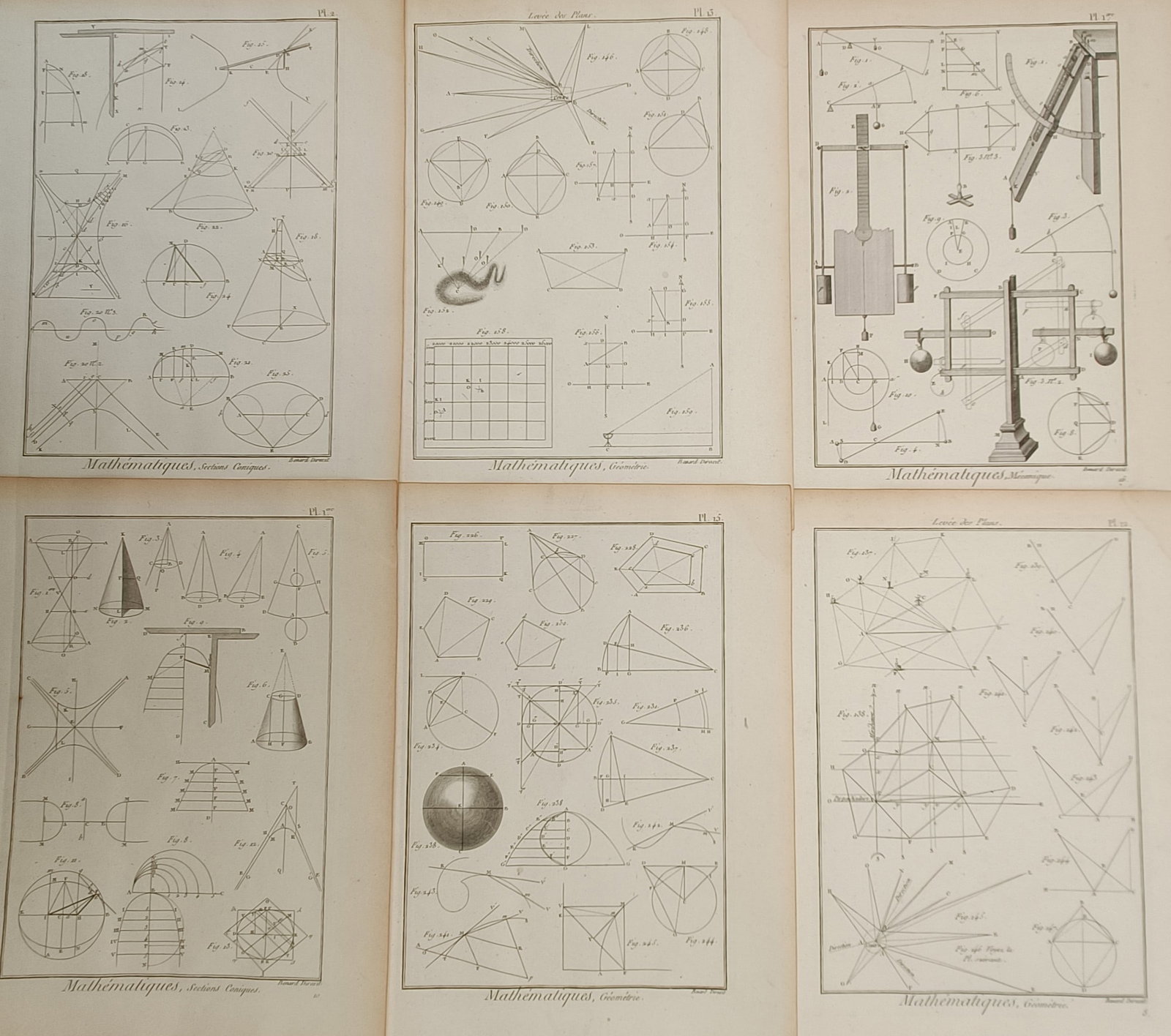 Robert Bénard – Set of 6: Studies of Geometry, Conic Sections, and Mechanics – Engraving (c. (1 of 2)