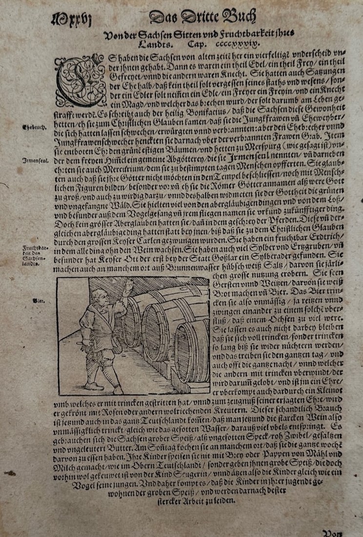 Sebastian Munster (1488–1552) – Chronicle of Saxon Customs and Beer Brewing – Woodcut (1 of 2)