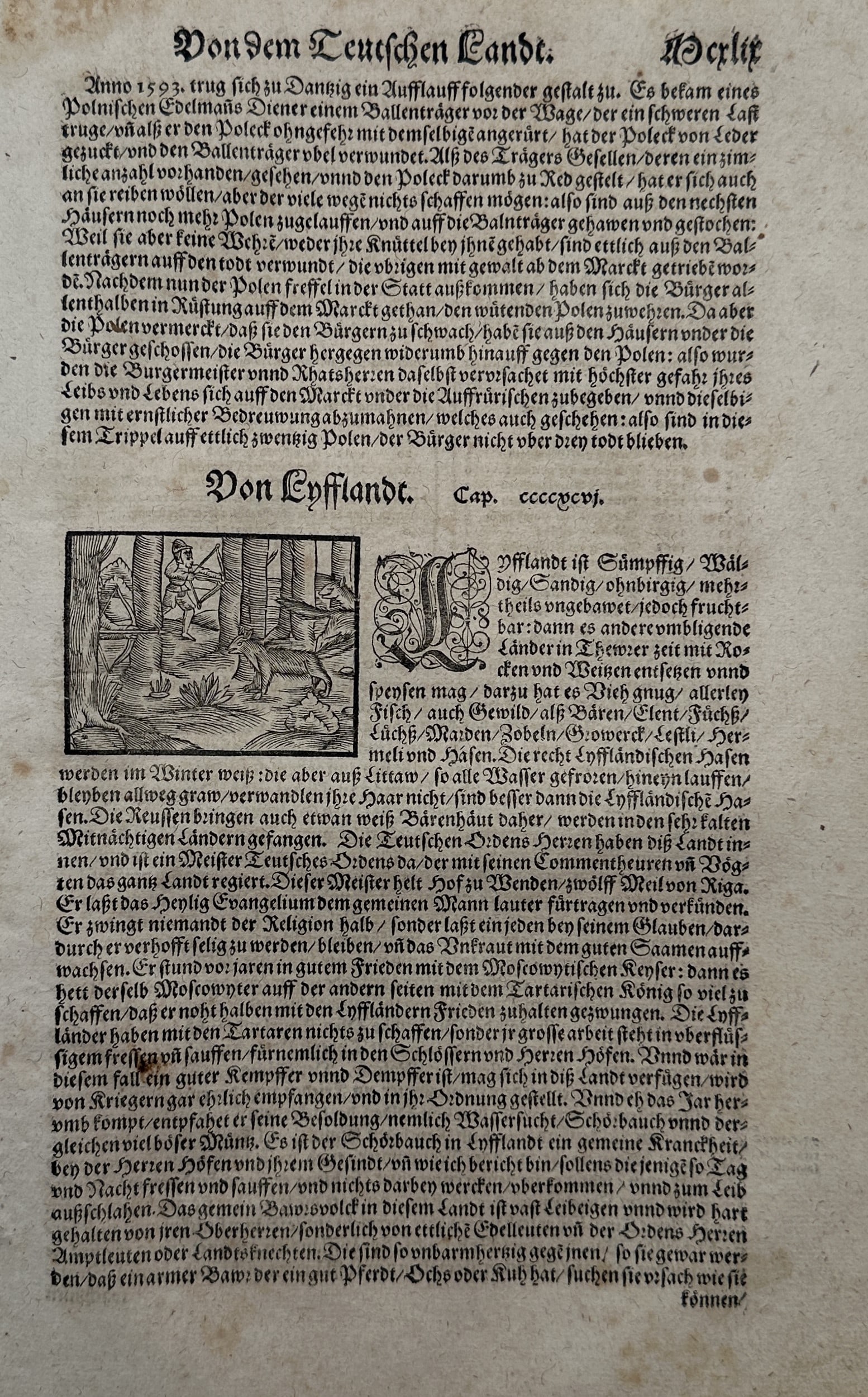 Sebastian Munster (1488–1552) – Chronicle of Danzig and Livonia – Woodcut (1550): "Von dem Teutschen Lande" features an extensive text passage in German Fraktur typeface outlining regional history, incorporating a narrative woodcut vignette that shows a group of wild animals, inclu