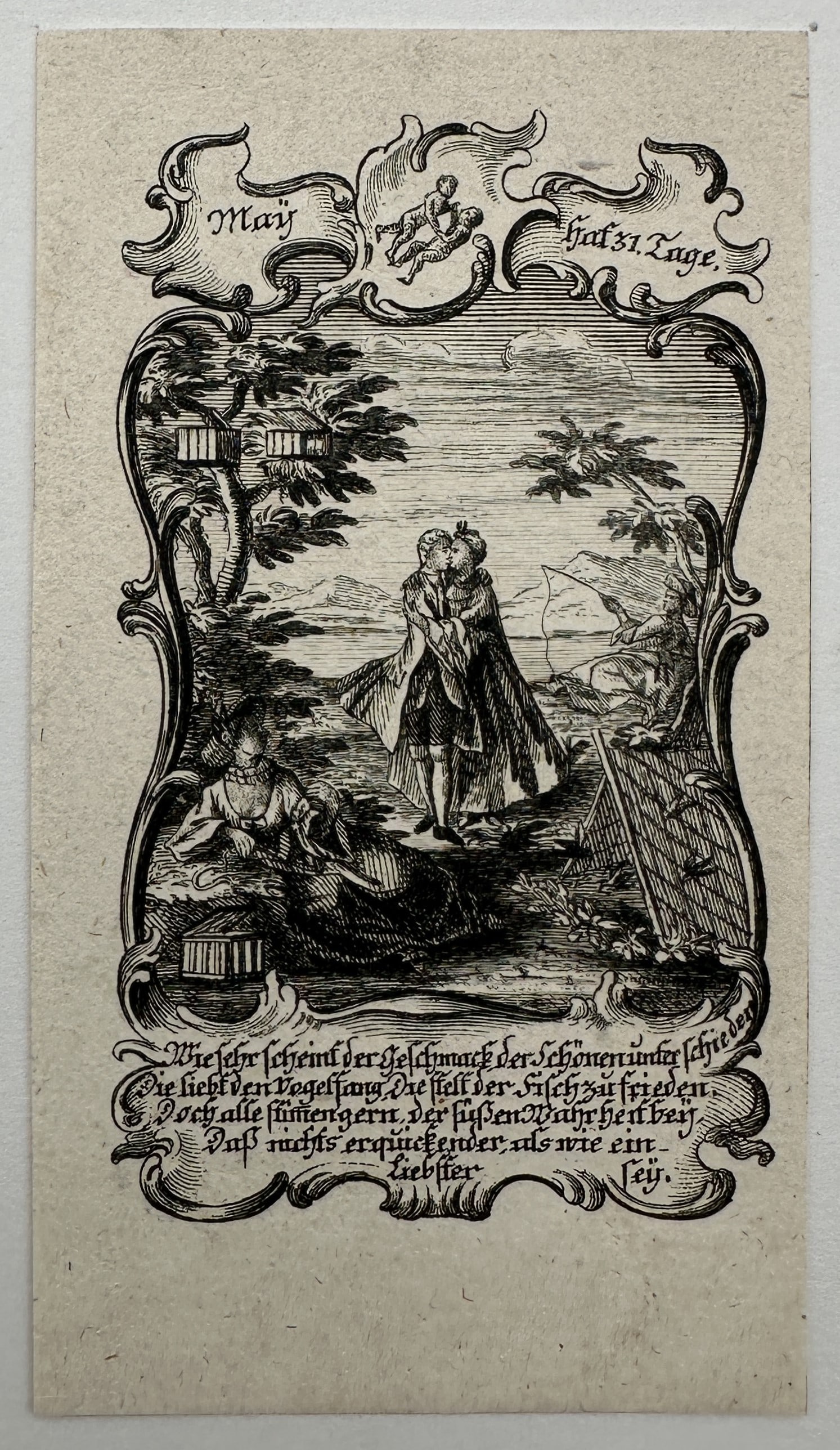Johann Christian Dieterich – Allegorical Calendar Illustration for the Month of May – Copper: "May" depicts an elegant, romantic pastoral scene framed within an elaborate Rococo cartouche, showing a courting couple embracing in a landscape alongside a seated woman and a fisherman by a riverban