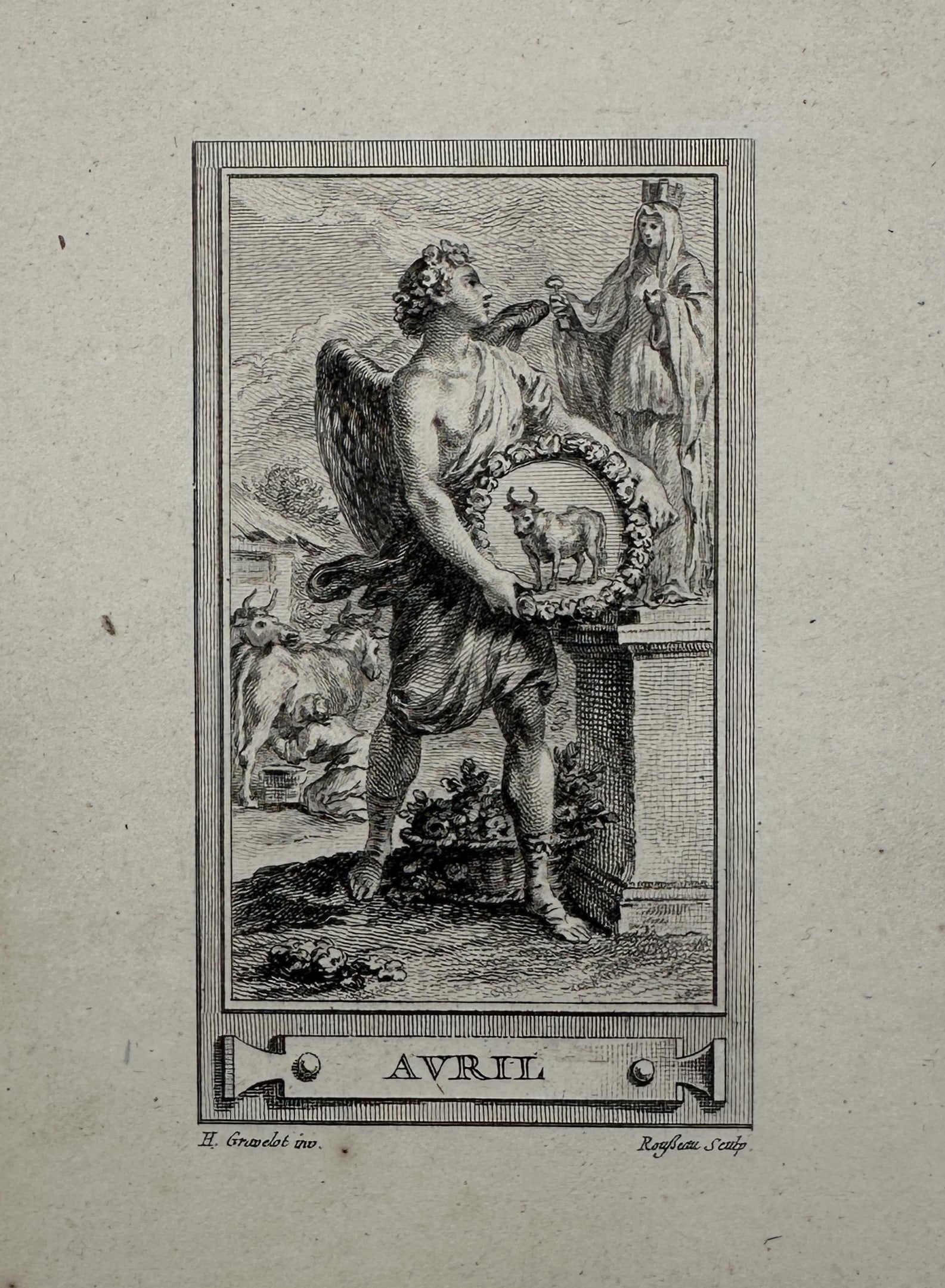 Hubert-François Gravelot – Allegorical Representation of the Month of April – Copper engraving (1 of 2)