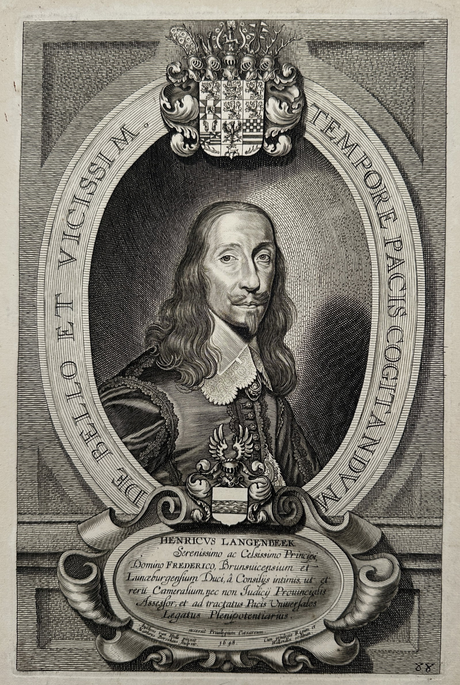 Anselm van Hulle (1601–c. 1674) – Portrait of Heinrich Langenbeck – Engraving (1648): "Henricvs Langenbeck" features a detailed half-length portrait of the prominent statesman and diplomat framed within a massive oval border inscribed with the Latin motto "De Bello Et Vicissim Tempore 