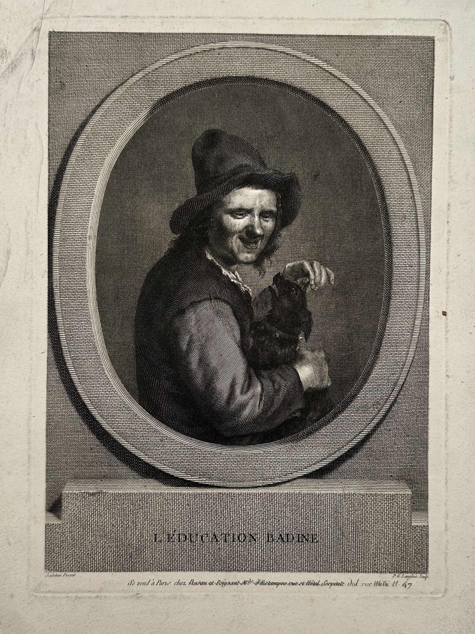 Pierre-Gabriel Langlois (1754–c. 1810) – L'Éducation Badine (The Playful Education): "L'Éducation Badine" depicts a charming and expressive genre scene after a painting by a Dutch or Flemish master, featuring a half-length portrait of a smiling young man wearing a rustic, soft-brimme