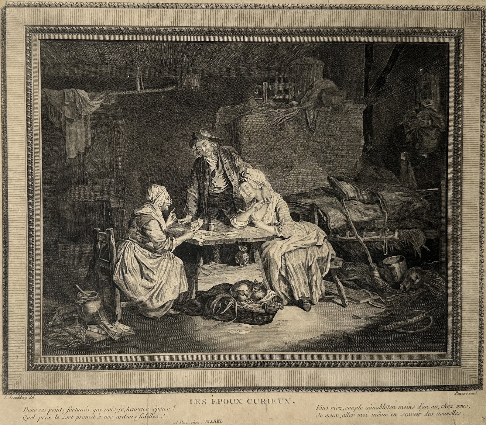Nicolas Ponce (1746–1831) – Genre Scene of a Couple Having Their Fortune Told – Line engraving (1 of 2)