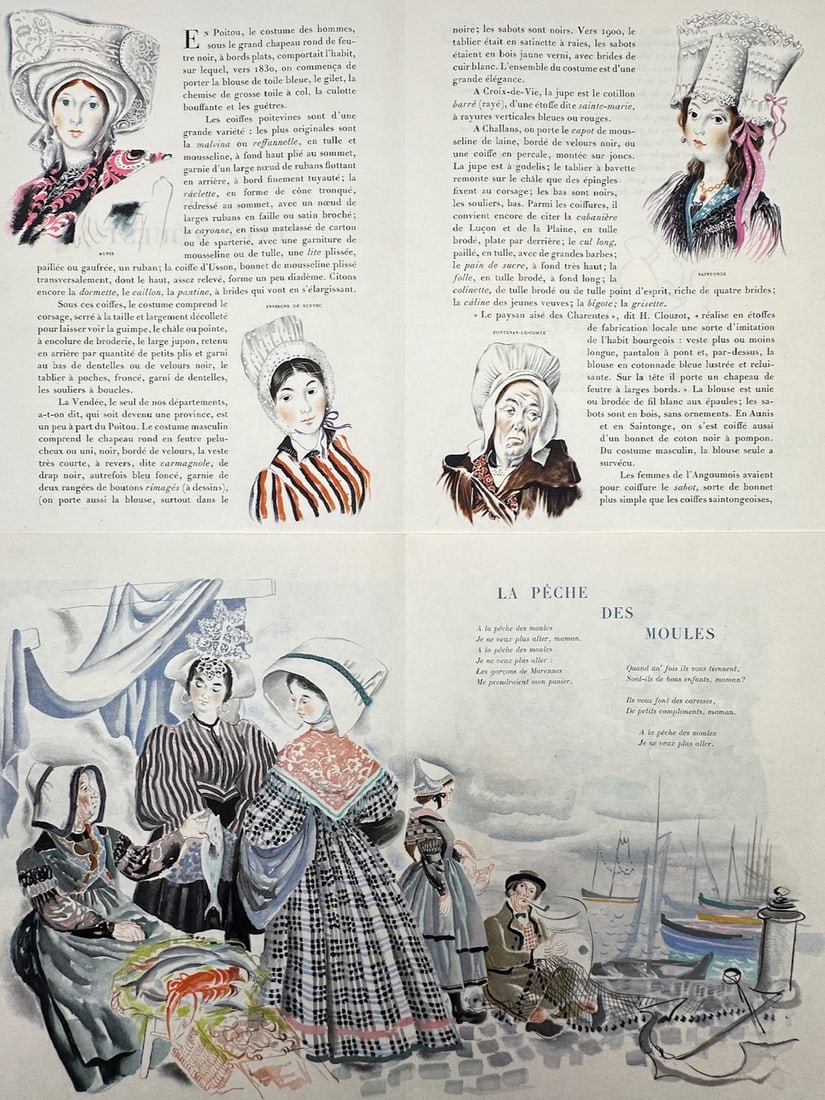 Editions Horizons de France – Illustrated Study of Poitou Regional Folk Costumes and Mussel: "La Peche des Moules" illustrates a lively ethnographic and cultural study of the Poitou region of France, featuring a large lower scene depicting women dressed in traditional patterned regional attir