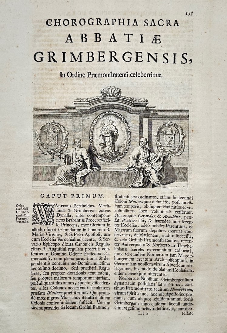 Antonius Sanderus – Historical and Topographical Study of Grimbergen Abbey – Copper engraving: "Chorographia Sacra Abbatiae Grimbergensis" illustrates a pristine historical title leaf for a regional treatise on Grimbergen Abbey, featuring a large, highly detailed central copper-engraved vignett