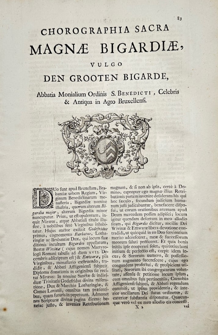 Antonius Sanderus – Historical and Topographical Study of Grand Bigard Abbey – Copper engraving: Chorographia Sacra Magnae Bigardiae, Vulgo Den Grooten Bigarde illustrates a historical title leaf for a regional treatise on the Benedictine Abbey of Grand Bigard near Brussels, featuring a central c