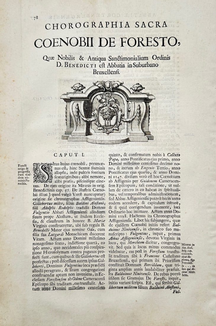 Antonius Sanderus – Historical and Topographical Study of Vorst Abbey – Copper engraving (1726): Chorographia Sacra Coenobii De Foresto illustrates a historical title leaf for a regional treatise on the Benedictine Abbey of Vorst near Brussels, featuring a central copper-engraved architectural vi