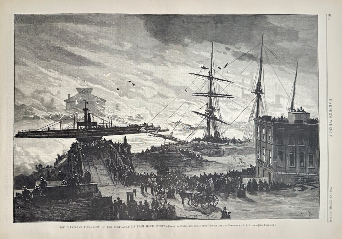 Harper's Weekly – Dramatic View of the Cleveland Fire from Howe Street – Wood engraving (1884): The Cleveland Fire View of the Conflagration from Howe Street illustrates a historical news illustration documenting a major urban disaster, capturing a massive fire raging across the industrial water