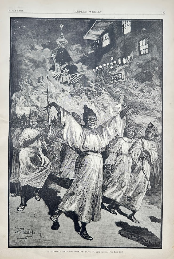 Harper's Weekly – Historical Cultural Study of Mardi Gras in New Orleans – Wood engraving (1884) (1 of 2)