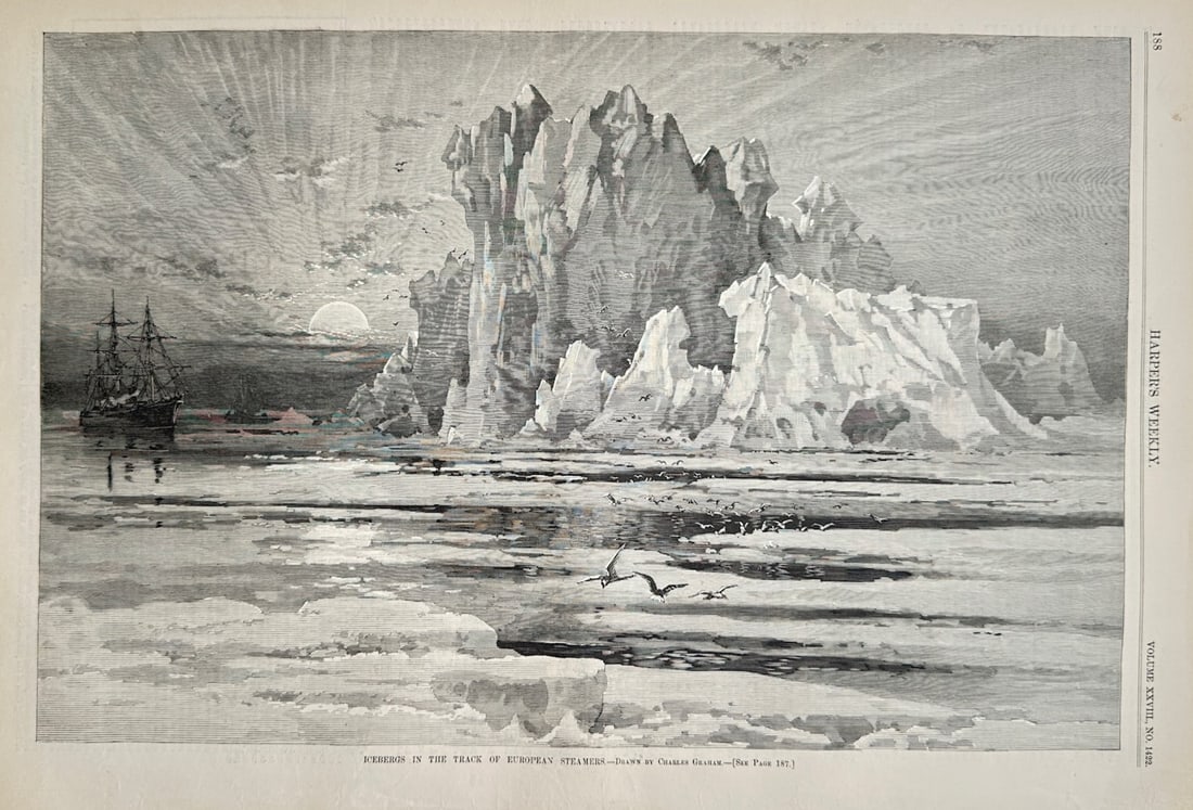 Harper's Weekly – Historical Maritime Study of Icebergs in the Atlantic – Wood engraving (1884) (1 of 2)