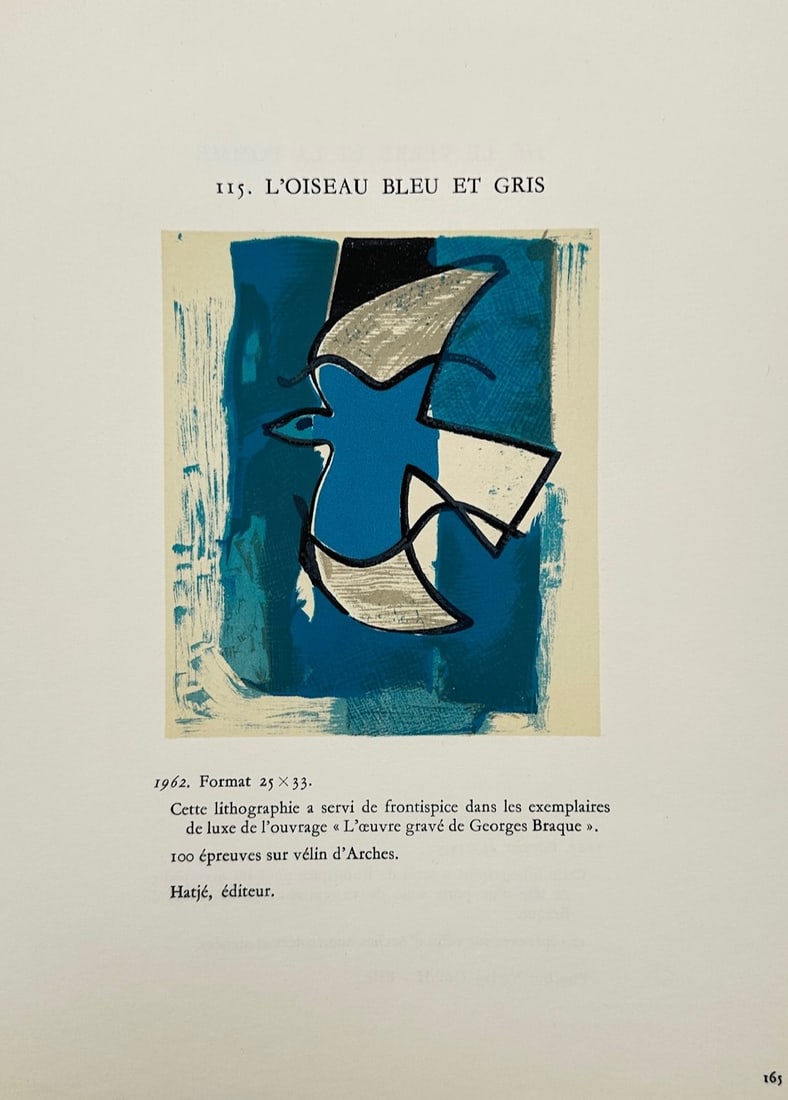 Georges Braque (1882–1963), after – Blue and Gray Bird – Offset print (20th Century): L'Oiseau Bleu et Gris illustrates a striking modernist composition documenting a stylized bird in mid-flight, capturing bold black outlines defining a vibrant blue body with white and gray wings soari