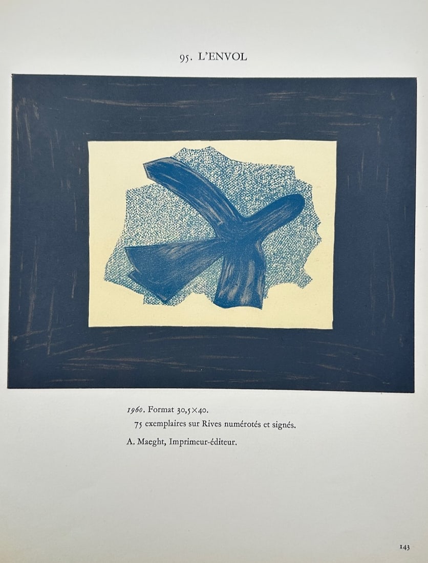 Georges Braque (1882–1963), after – The Flight – Offset print (20th Century): L'Envol illustrates a striking modernist composition documenting a stylized bird, capturing a bold blue avian silhouette with outstretched wings set within a textured, patterned blue aura over a cream