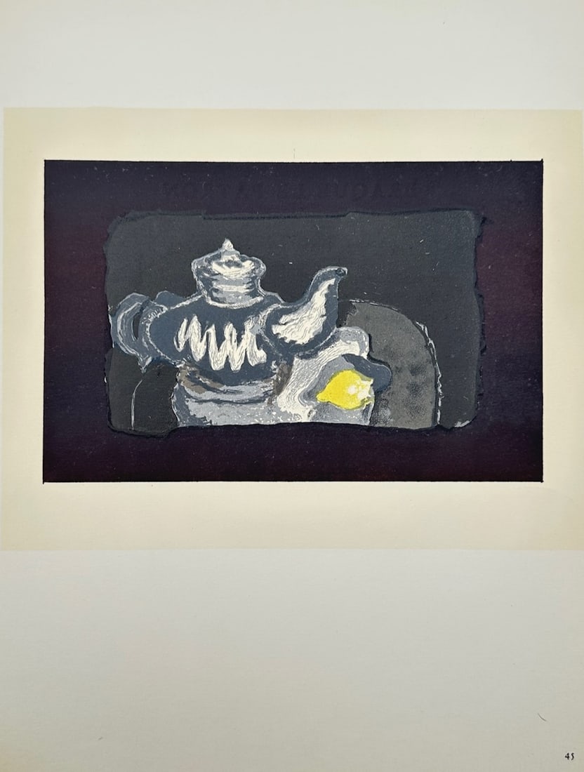 Georges Braque (1882–1963), after – The Patron – Offset print (20th Century): Le Patron illustrates a striking modernist composition documenting a still life theme, capturing a stylized, decorated teapot rendered with expressive white and gray gestural strokes alongside a singl