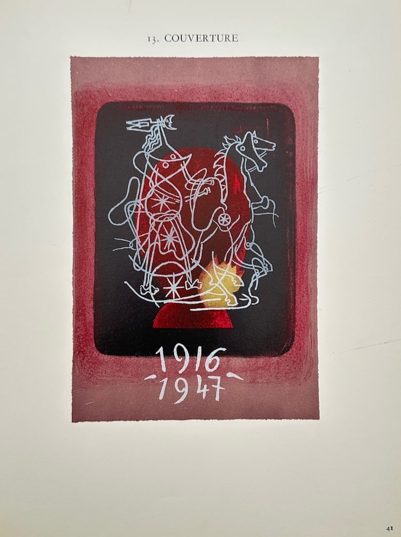 Georges Braque (1882–1963), after – Cover Design for Justificatif – Offset print (20th: Couverture illustrates a striking modernist composition documenting a book cover design, capturing white linear markings that outline an expressive horse and rider figure intertwined with abstract sha