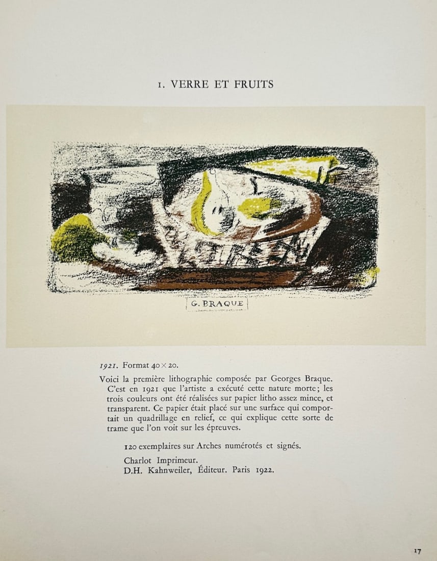 Georges Braque (1882–1963), after – Glass and Fruits – Offset print (20th Century): Verre et Fruits illustrates a pioneering modernist composition documenting the artist's first still life lithographic design from 1921, capturing a textured arrangement of a drinking glass, sliced pea