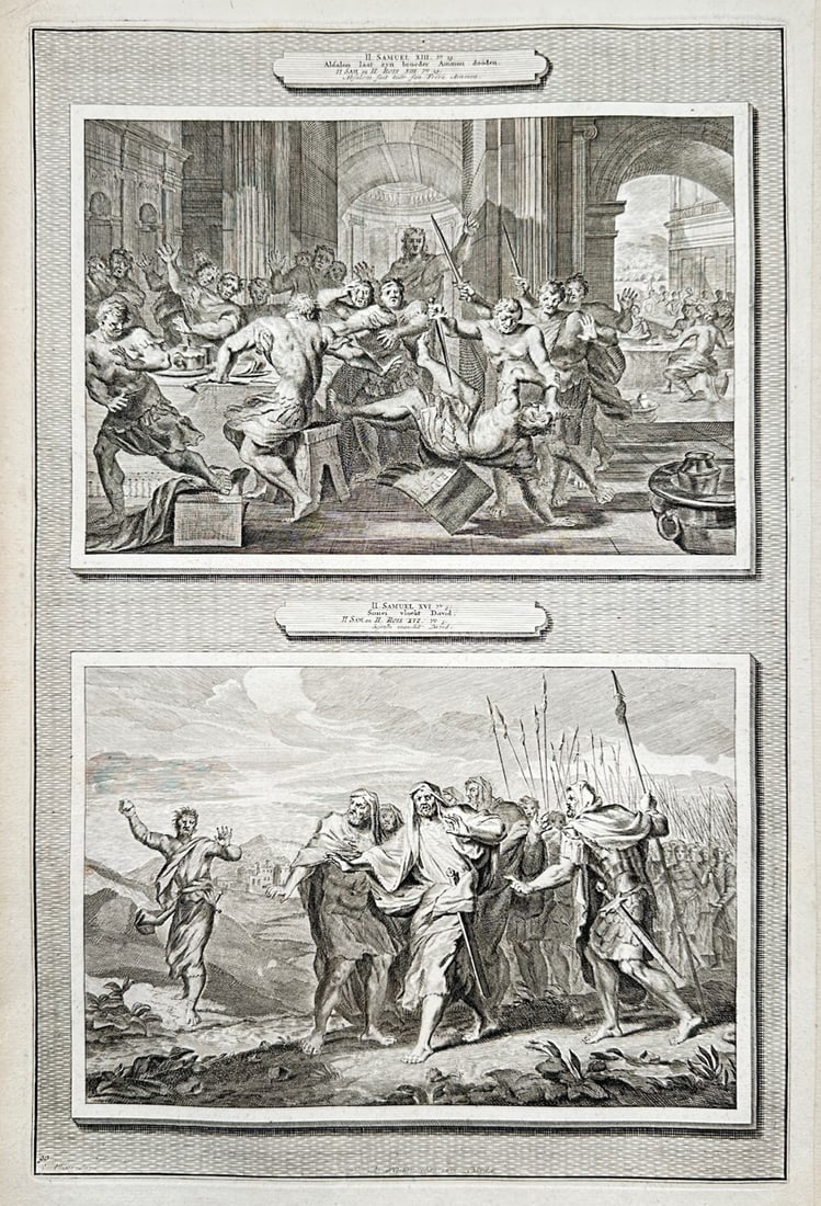 Pieter Mortier – Biblical Scenes from the Second Book of Samuel – Copper engraving (1700): Two Biblical Scenes from II Samuel illustrates a detailed scriptural study documenting historical narratives from the Old Testament, split into two framed compartments. The composition captures a chao