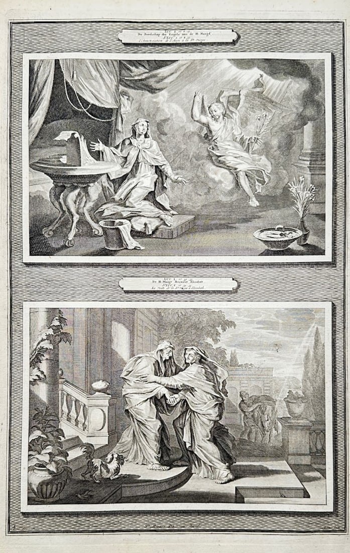 Pieter Mortier (1661–1711) – Biblical Scenes from the Gospel of Luke – Copper engraving (1700): Two Biblical Scenes from Luke illustrates a detailed scriptural study documenting historical narratives from the New Testament, split into two framed compartments. The composition captures the Annunci