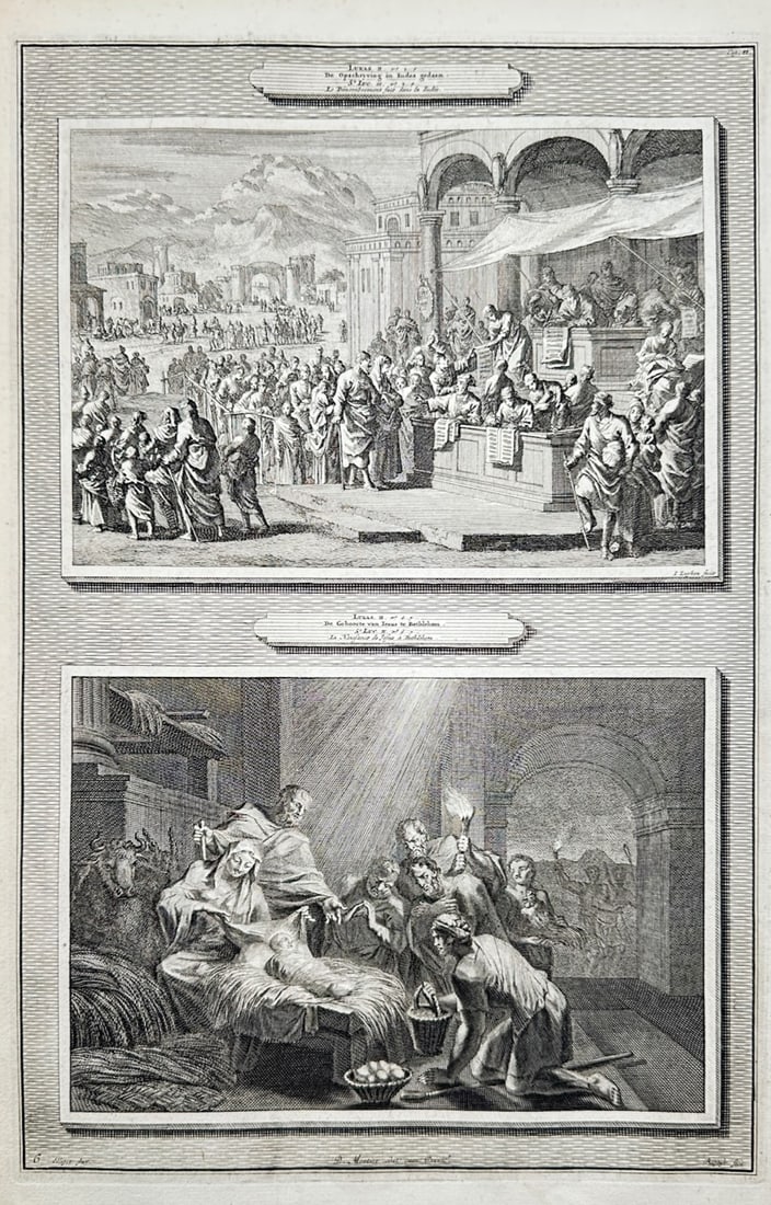 Pieter Mortier (1661–1711) – Biblical Scenes of the Census at Bethlehem and the Nativity: Two Biblical Scenes from the Nativity Narrative illustrates a detailed scriptural study documenting historical accounts from the Gospel of Luke, split into two framed compartments. The composition cap