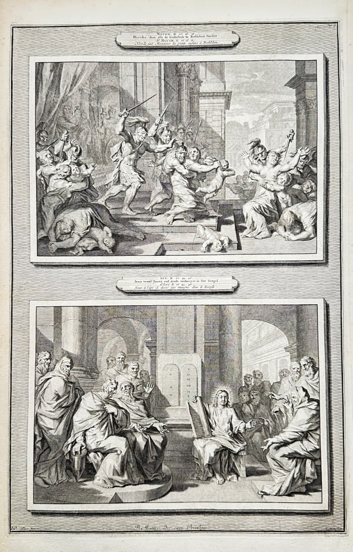 Pieter Mortier (1661–1711) – Biblical Scenes of the Massacre of the Innocents and Christ Among: Two Biblical Scenes from the Gospels illustrates a detailed scriptural study documenting historical narratives from the New Testament, split into two framed compartments. The composition captures the 