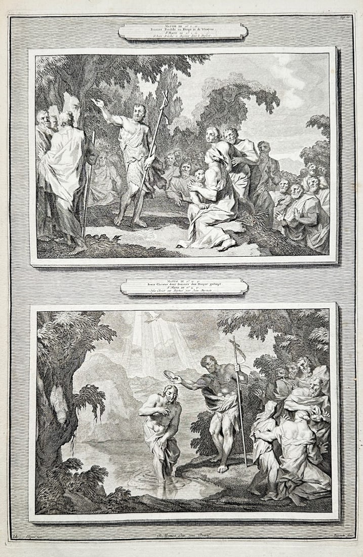 Pieter Mortier (1661–1711) – Biblical Scenes of John the Baptist Preaching and the Baptism of: Two Biblical Scenes from the Ministry of John the Baptist illustrates a detailed scriptural study documenting historical narratives from the Gospels of Matthew and Mark, split into two framed compartm