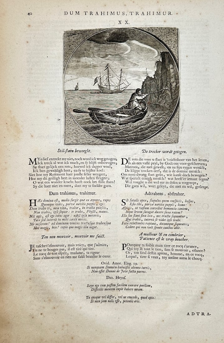 Jacob Cats – Emblematic Study from "Sinne- en Minnebeelden" – Copper engraving (18th-century): "Dum Trahimus, Trahimur" (While we draw, we are drawn) illustrates a detailed emblematic and philosophical study capturing a broad overview of human destiny and relational pull through a circular vign