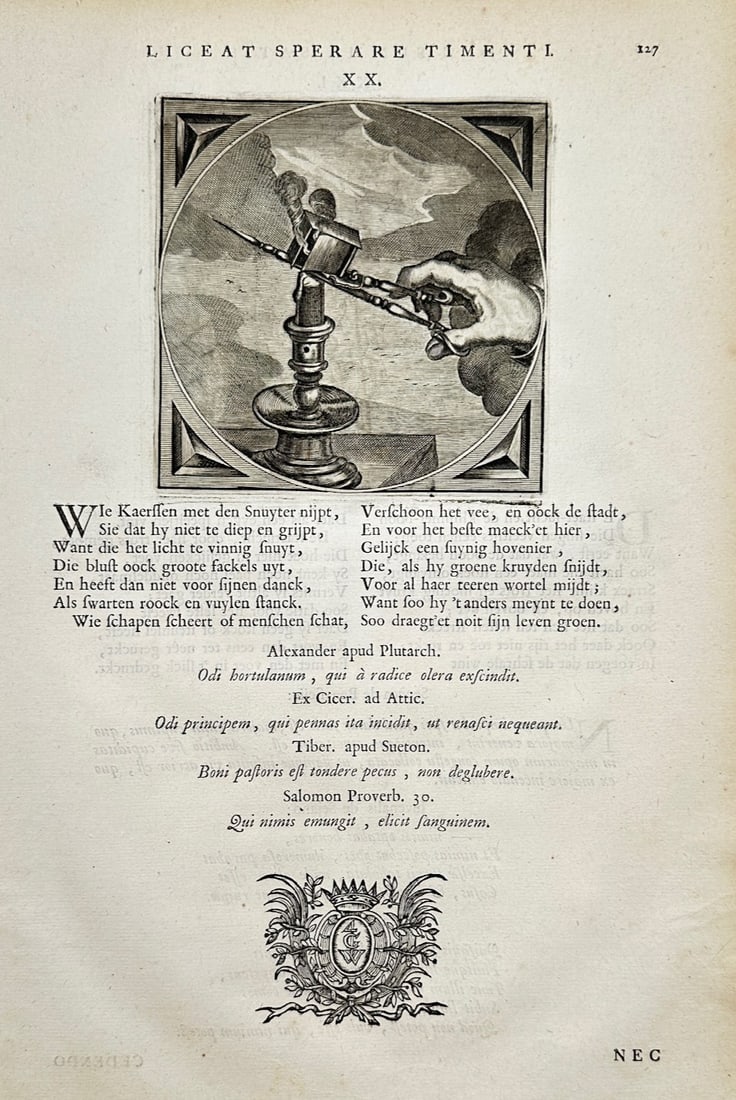 Jacob Cats (1753–1844) – Emblematic Study from Sinne- en Minnebeelden – Copper engraving: "Liceat Sperare Timenti" illustrates a detailed emblematic and philosophical study capturing a broad overview of moderation and careful guidance through a square vignette depicting a hand emerging fro