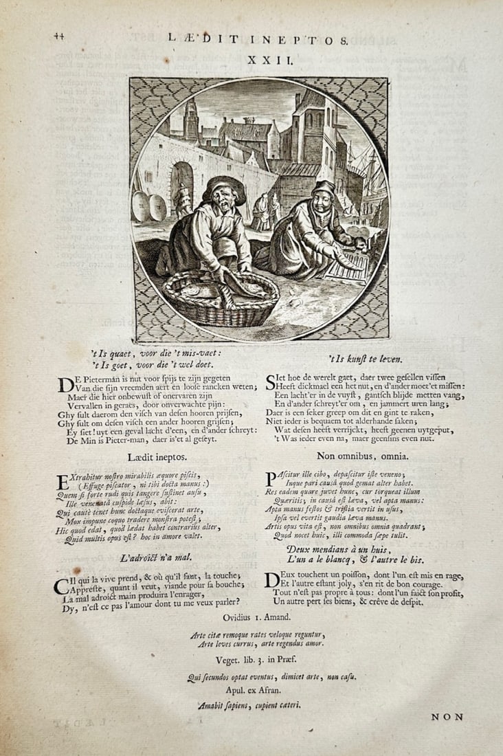 Jacob Cats (1753–1844) – Emblematic Study from Sinne – Copper engraving (18th-century): "Laedit Ineptos" illustrates a detailed emblematic and philosophical study capturing a broad overview of skill, experience, and the handling of difficult situations through a circular vignette depicti