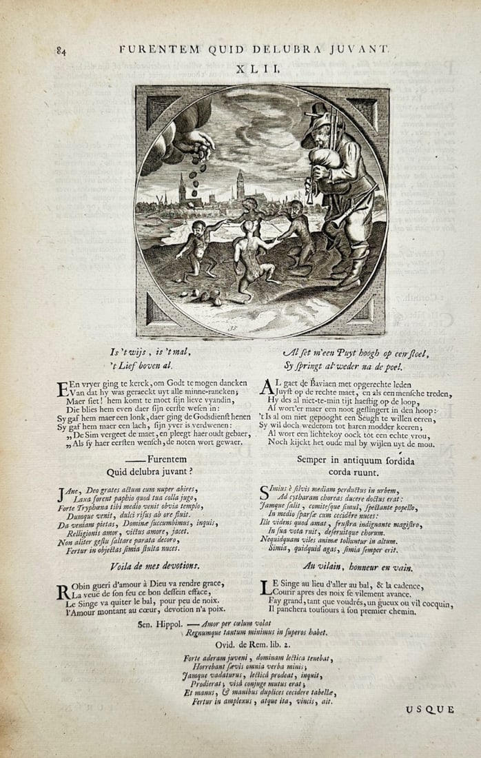 Jacob Cats (1753–1844) – Emblematic Allegorical Study from Sinne- en Minnebeelden: "Furentem Quid Delubra Juvant" illustrates a detailed emblematic and philosophical study capturing a broad overview of human nature, basic instincts, and unyielding habits through a circular vignette 
