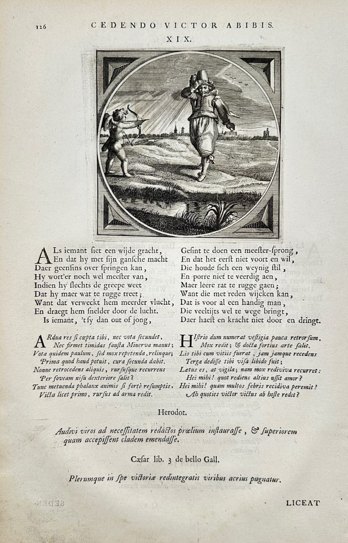 Jacob Cats (1753–1844) – Emblematic Love Study from Sinne- en Minnebeelden – Copper engraving: "Cedendo Victor Abibis" illustrates a detailed emblematic and philosophical study capturing a broad overview of perseverance, romantic pursuit, and strategic retreat through a circular vignette depict