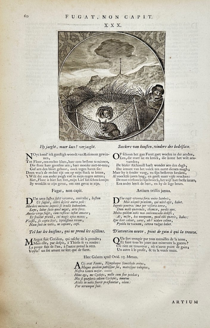Jacob Cats (1753–1844) – Emblematic Hunting Study from Sinne- en Minnebeelden: "Fugat, Non Capit" illustrates a detailed emblematic and philosophical study capturing a broad overview of unrequited effort, futile pursuit, and unintended consequences through a circular vignette de