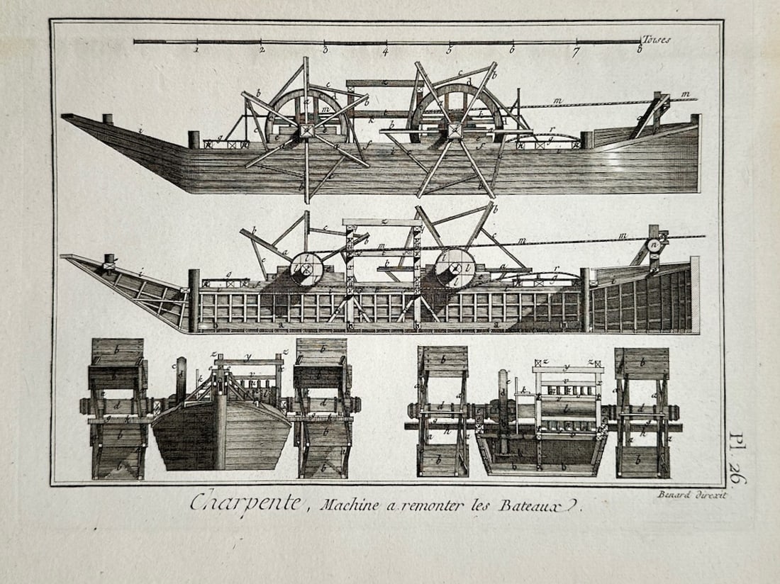 Robert Bénard – Technical Study of a Boat-Towing Machine – Copper engraving (c. 1760s) (1 of 2)