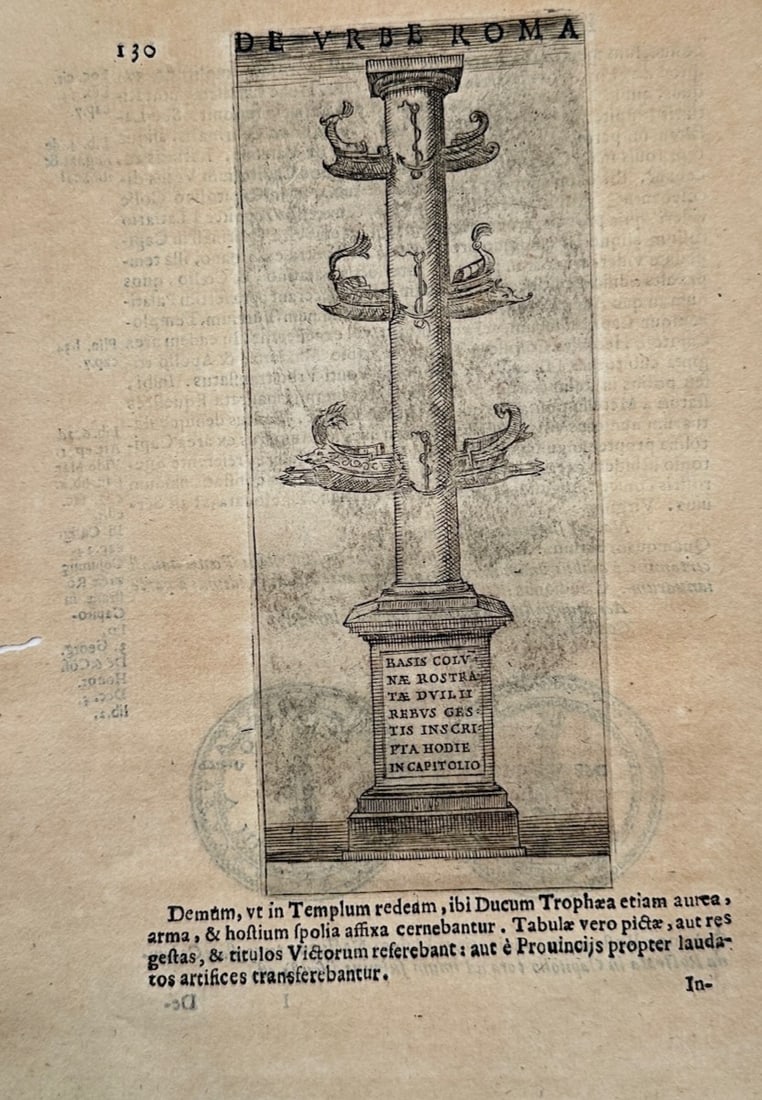 Alessandro Donati (1584–1640) – Antiquarian Study of the Rostrate Column of Gaius Duilius: "De Urbe Roma" illustrates a detailed historical and antiquarian study documenting an ancient Roman monumental pillar, capturing a broad overview of classical architecture through a rendering of the f