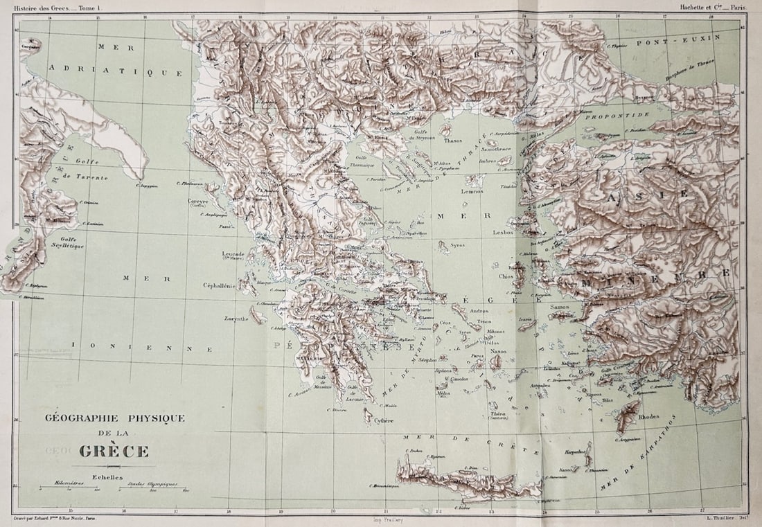 Erhard Frères – Map of the Physical Geography of Greece – Color lithograph (c. 1881): "Géographie Physique de la Grèce" illustrates a detailed geographical and topographical study mapping the ancient and classical Greek world, capturing a broad overview of the Mediterranean terrain t