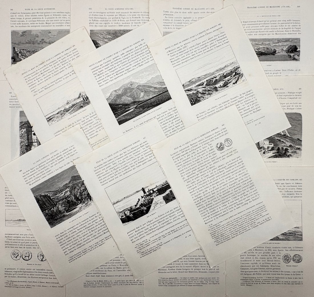 Unknown Artist –approx. Set of 20: Topographical Studies and Historical Vistas – Halftone prints: Histoire Ancienne illustrates a detailed historical and geographical study documenting various ancient landscapes, architectural ruins, and regional vistas of the classical world, capturing a broad ov