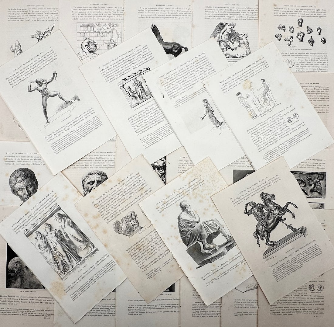 Victor Duruy – approx. Set of 25: Classical Antiquity, Greek Sculpture – Wood engravings: Histoire des Grecs illustrates a detailed historical and archaeological study documenting various statues, busts, reliefs, monuments, and artifacts of classical antiquity, capturing a broad overview o