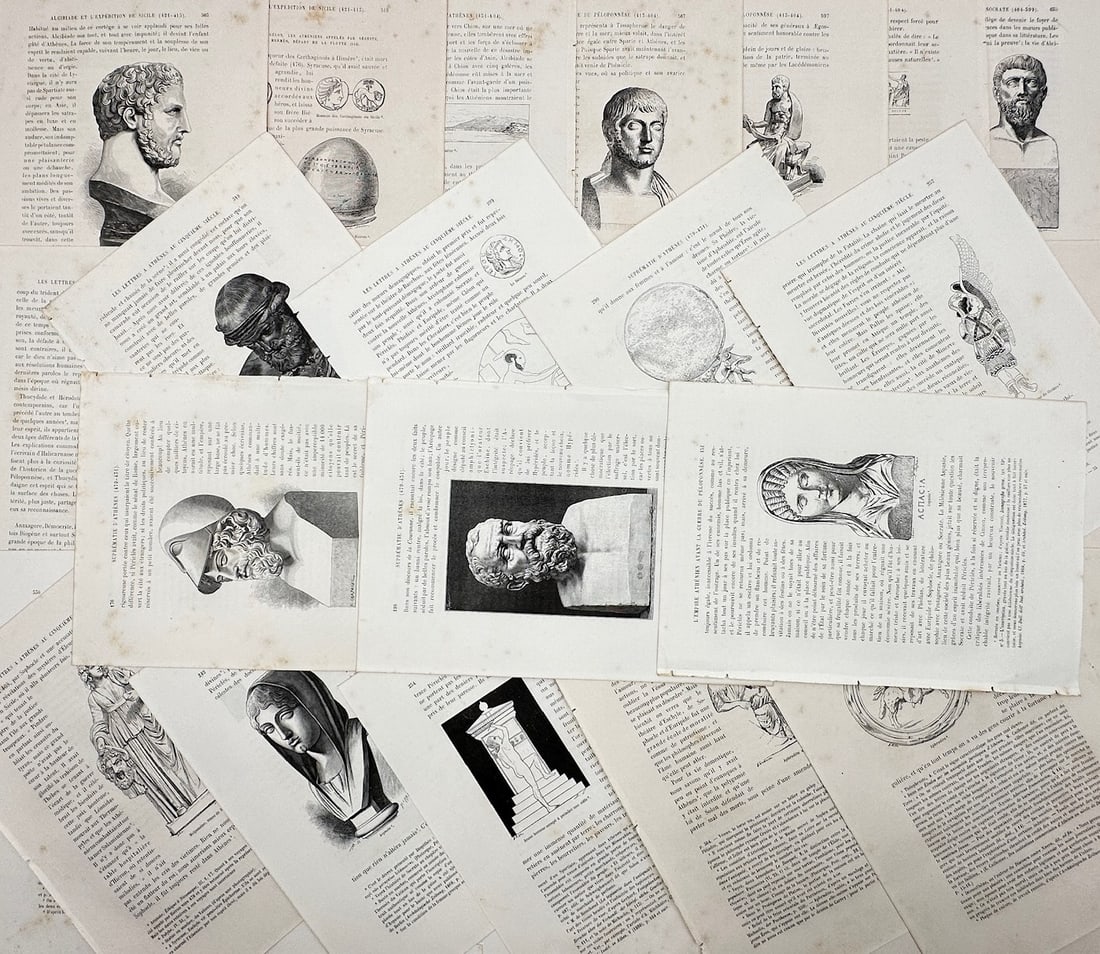Victor Duruy – approx. Set of 25: Classical Antiquity and Roman Monuments – Wood engravings: Histoire des Grecs illustrates a detailed historical and archaeological study documenting various statues, busts, reliefs, monuments, and artifacts of classical antiquity, capturing a broad overview o