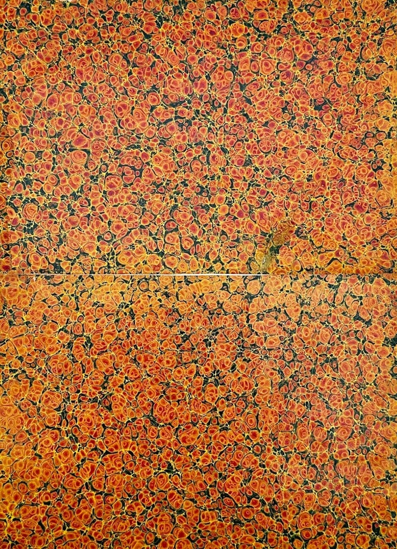 Unknown Artist – Antique Marbled Book Paper – Hand-marbled paper (c. 1880s): This decorative sheet illustrates a detailed decorative and bookbinding study documenting traditional paper decoration techniques, capturing a broad overview of late nineteenth-century book arts throu