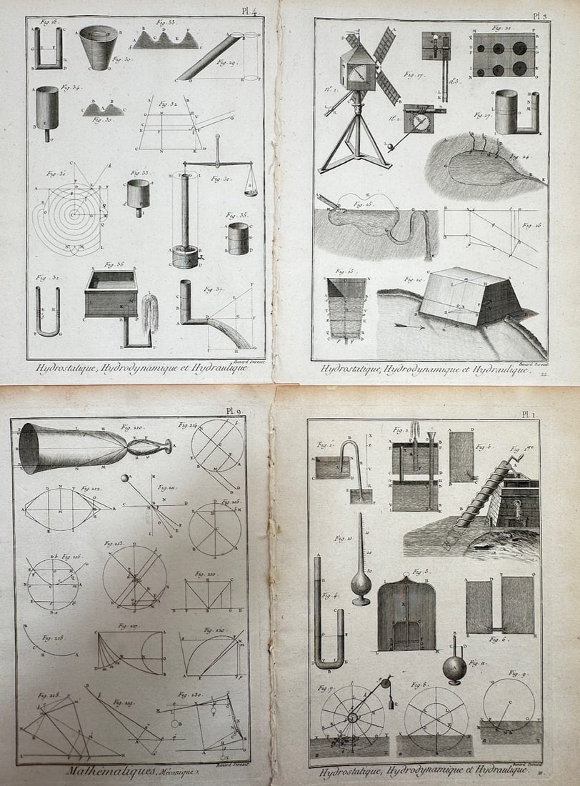 Robert Bénard – Set of 4: Mathematical, Hydrostatic, and Mechanical Studies – Copper engravings (1 of 2)