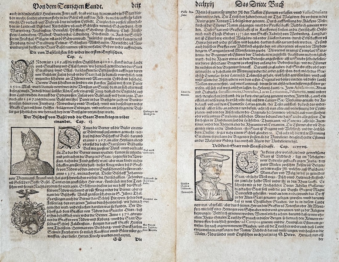 Sebastian Münster – Set of 2: Historical Chronicles of Germany with Clerical Portrait –: Cosmographia illustrates a detailed historical and regional study documenting the conflicts, cities, and noble jurisdictions of the German lands, capturing a broad overview of Renaissance-era historio