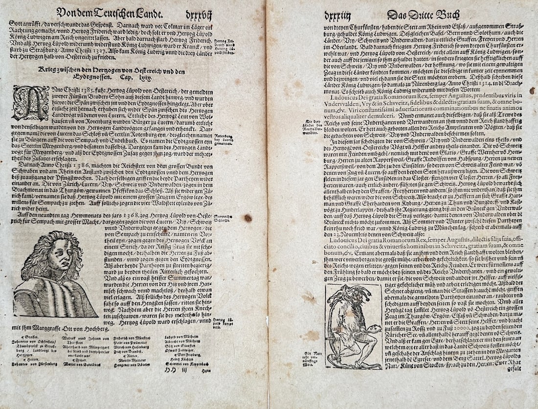 Sebastian Münster – Set of 2: Historical Chronicles of Germany with Noble Portrait – Woodcuts: Cosmographia illustrates a detailed historical and political study documenting regional conflicts and medieval treaties within the German lands, capturing a broad overview of Renaissance-era historiog