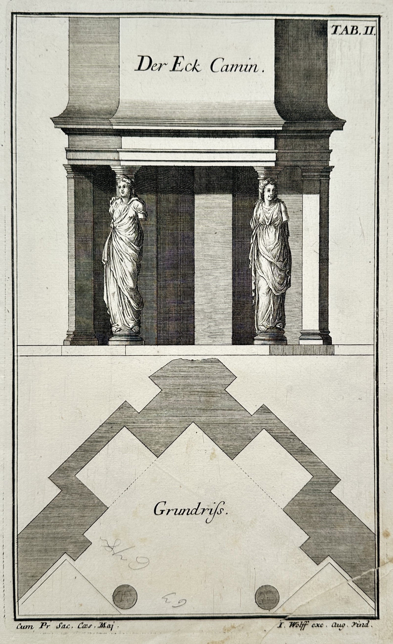 Jeremias Wolff (1663–1724) – Architectural Studies of a Corner Fireplace with Caryatids – (1 of 2)