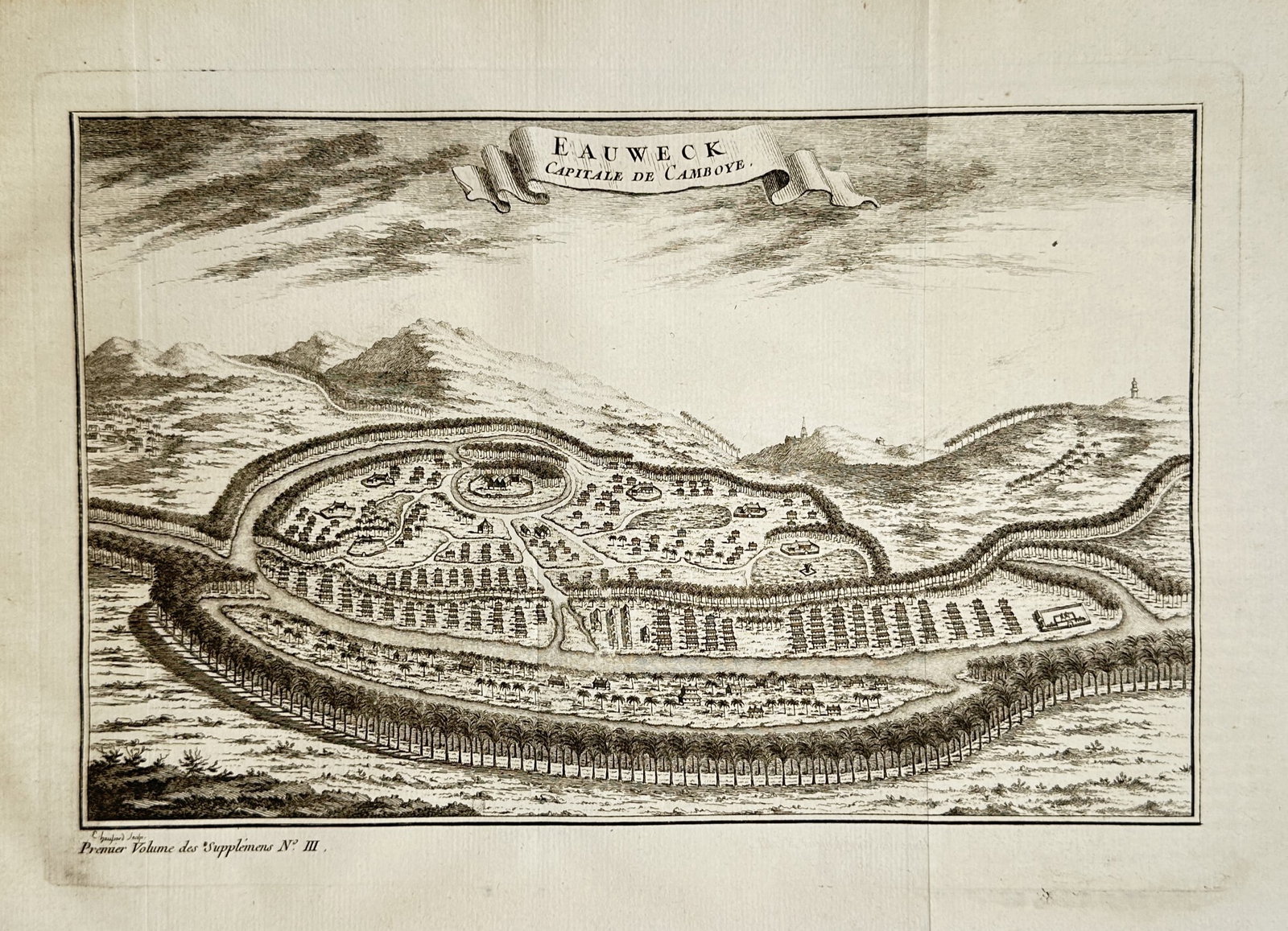 Elisabeth Haussard – Bird's-Eye View of Rauweck, Capital of Cambodia – Engraving (circa 1750s): "Rauweck, Capitale de Camboye" presents an expansive topographical bird's-eye view of an idealized fortified capital city in Cambodia. The composition captures the urban settlement enclosed within a m