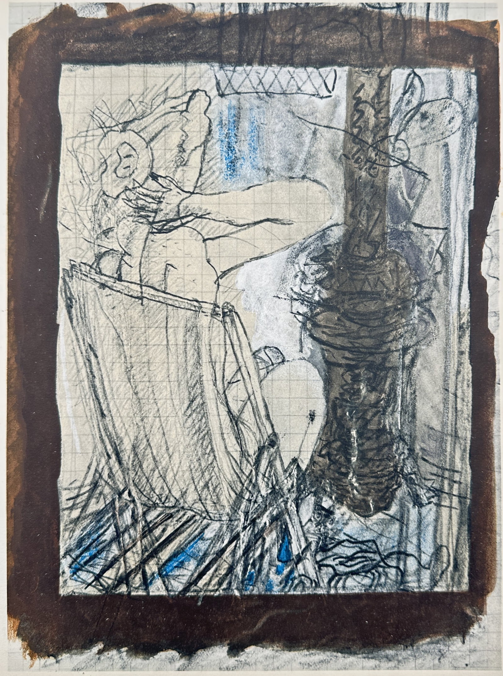 Georges Braque (1882–1963), after – Modernist Study of a Seated Figure – Offset print: Study of a Seated Figure presents an expressive depiction of a figure seated in a chair, rendered with loose lines and subtle blue highlights over a faint grid background. Framed by a thick brown bord