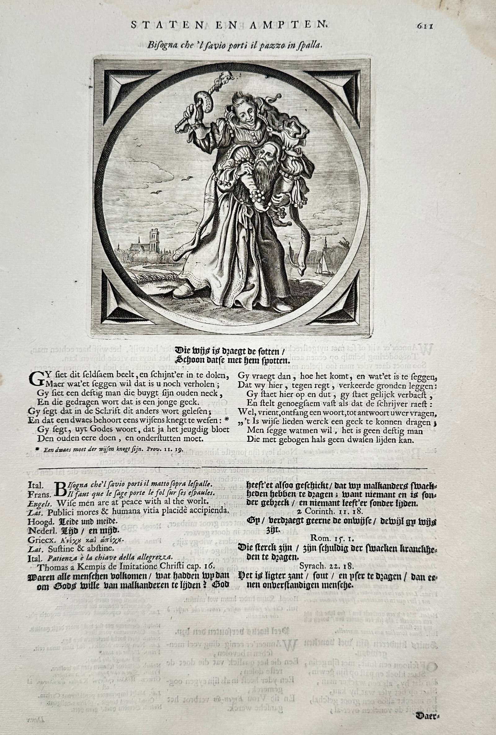 Jacob Cats (1753–1799) – Moral Emblem Study of a Wise Man and Fool – Engraving (18th Century): "Staten En Ampten" presents a moralistic allegorical study showcasing an engraving inside a square geometric frame set within a page of typeset text. The central composition depicts a finely dressed f
