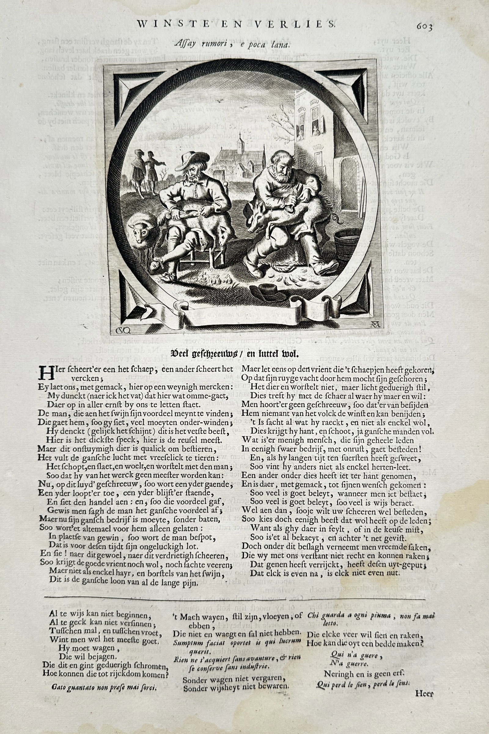 Jacob Cats (1753–1799) – Moral Emblem Study of Shearing a Sheep and Pig – Engraving (1 of 2)
